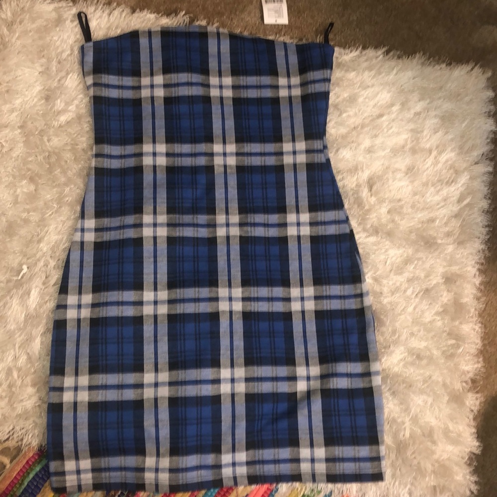 Blue Plaid Strapless Dress